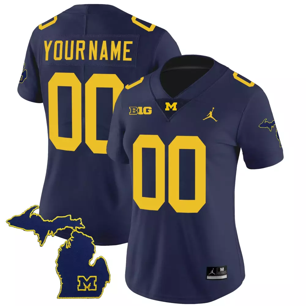 Custom Michigan Wolverines Jersey Navy Blue Jordan Brand Map Block Women Yellow All