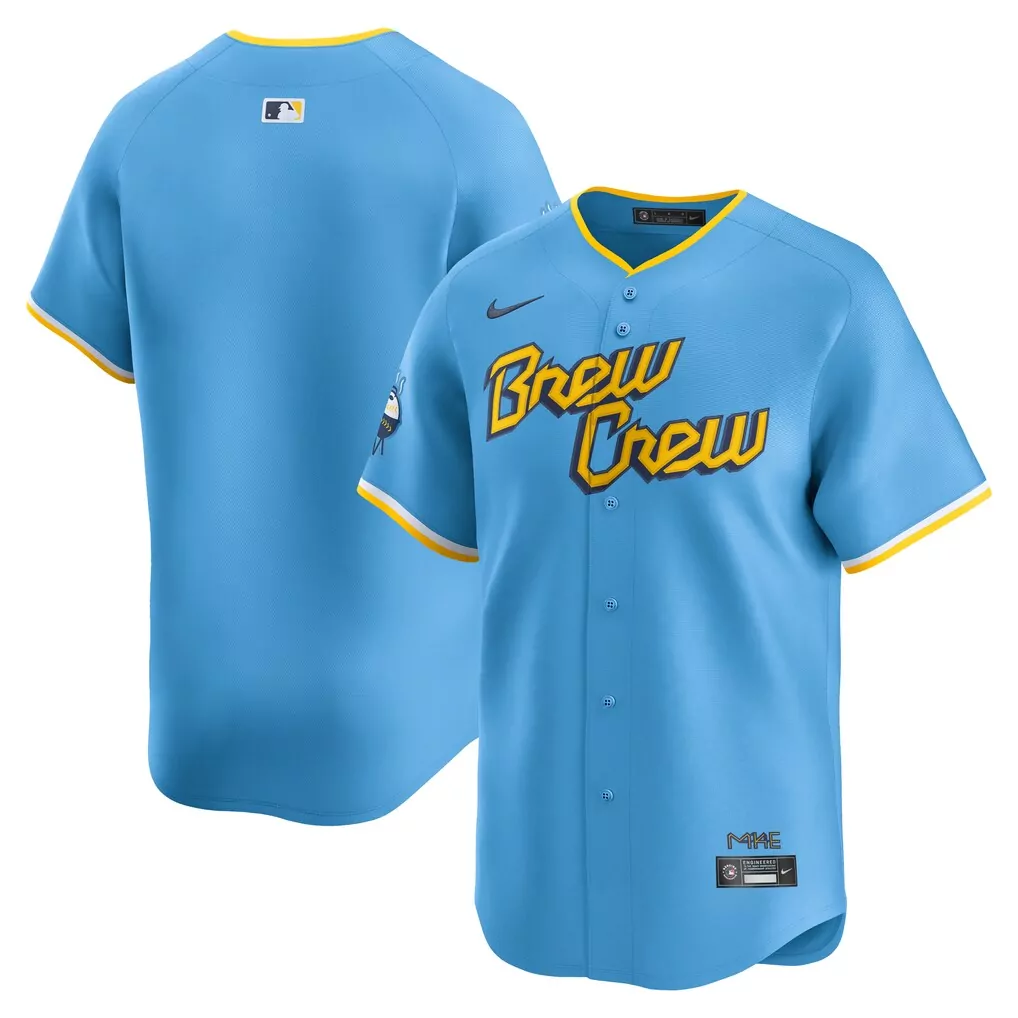 Custom Milwaukee Brewers Jersey Light Blue Brew Crew Men Nike Yellow White Limited
