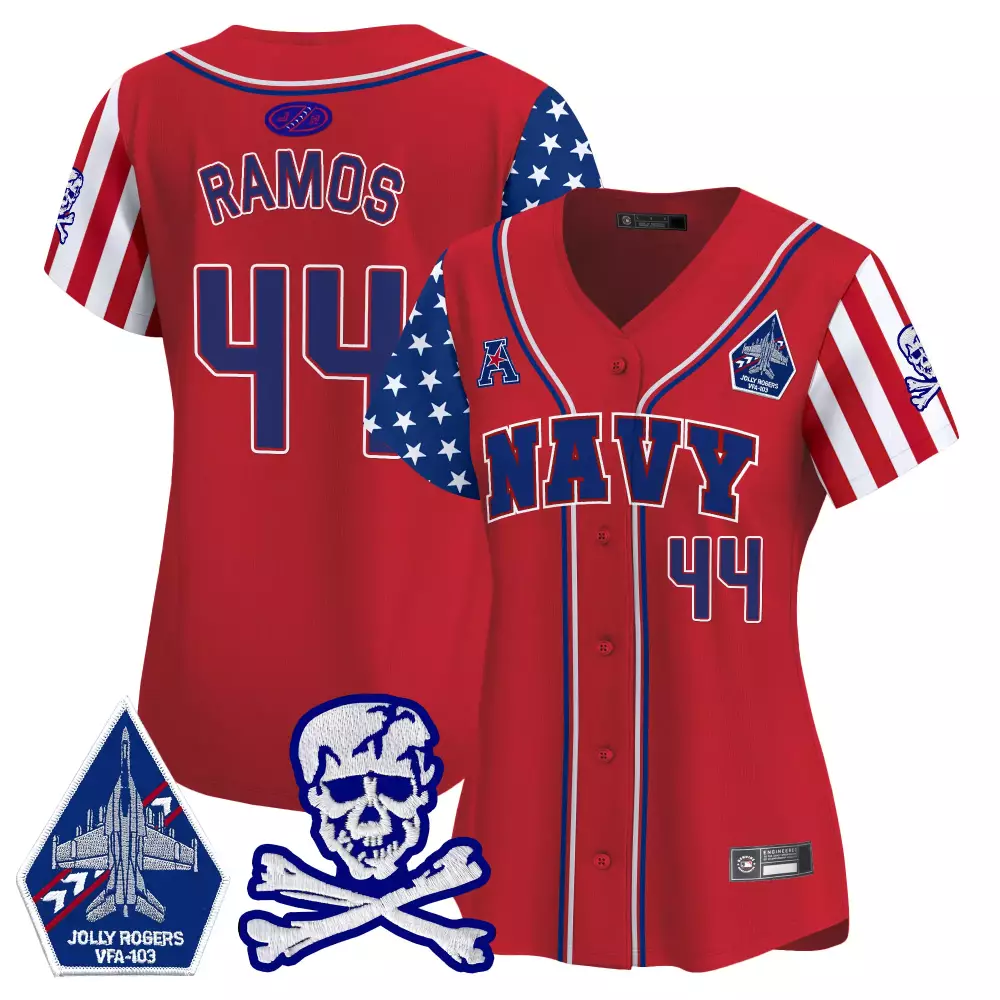 Ramos Midshipmen 44 Navy Jersey Red Jolly Rogers VFA-103 Skull Crossbones Women Authentic