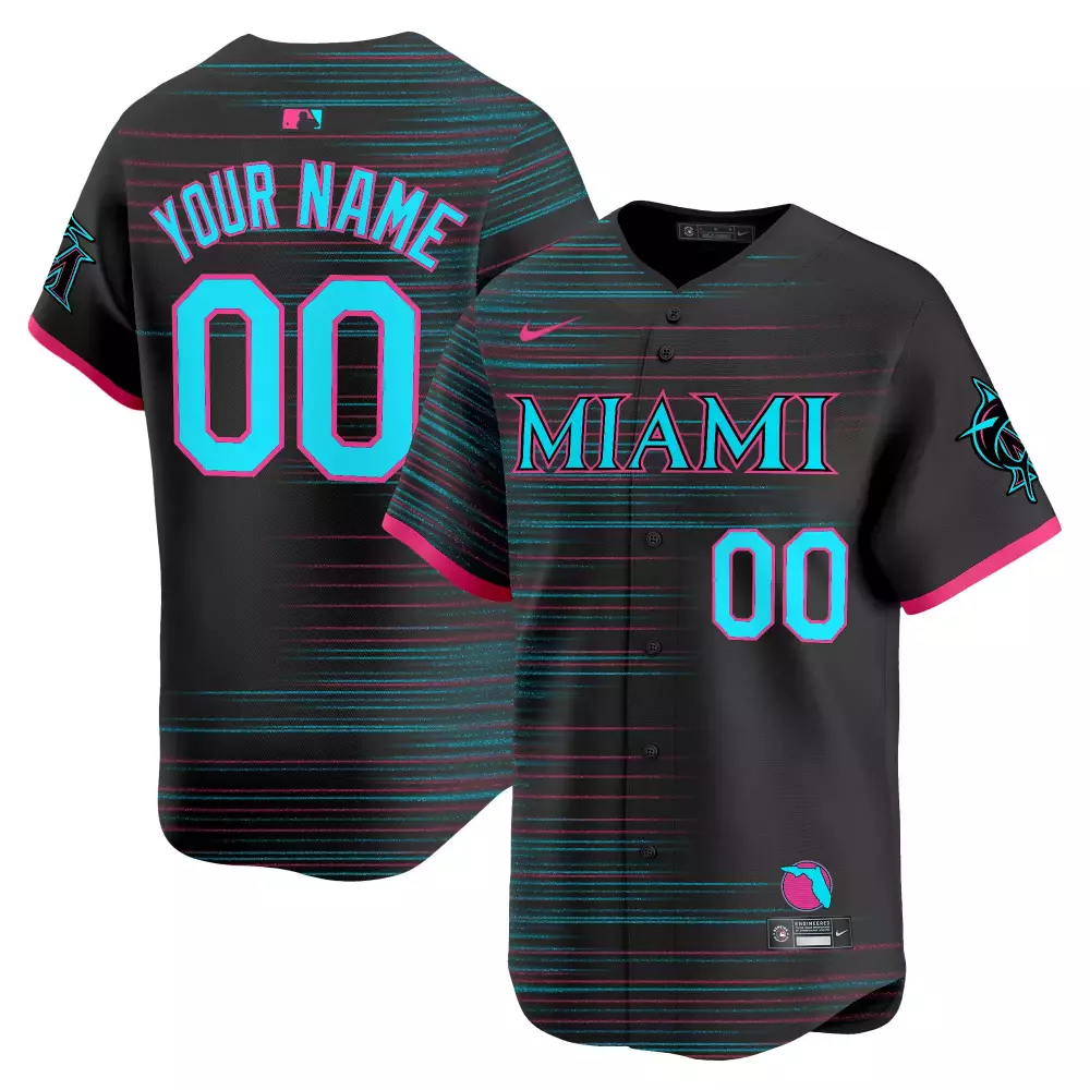 Custom Miami Marlins Jersey Black City Connect Men Alternate Design Pink Teal Vapor