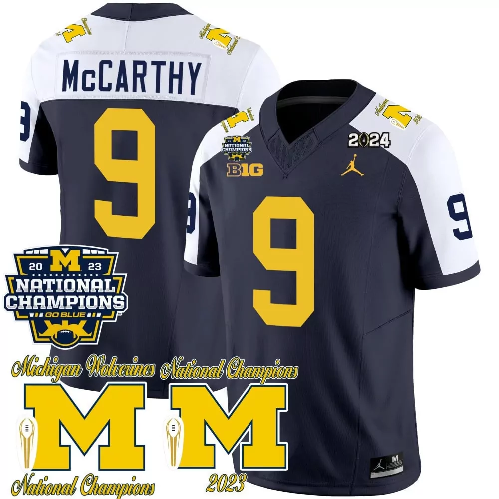 J Mccarthy 9 Michigan Wolverines Jersey Navy National Champions 2023 Big Ten Men