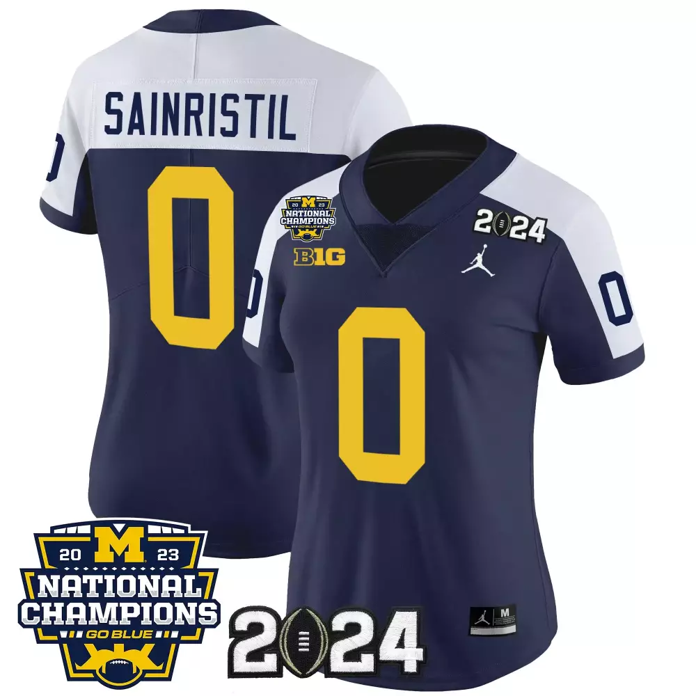 Mike Sainristil Jersey Navy Blue Michigan Wolverines 2023 National Champions Big Ten