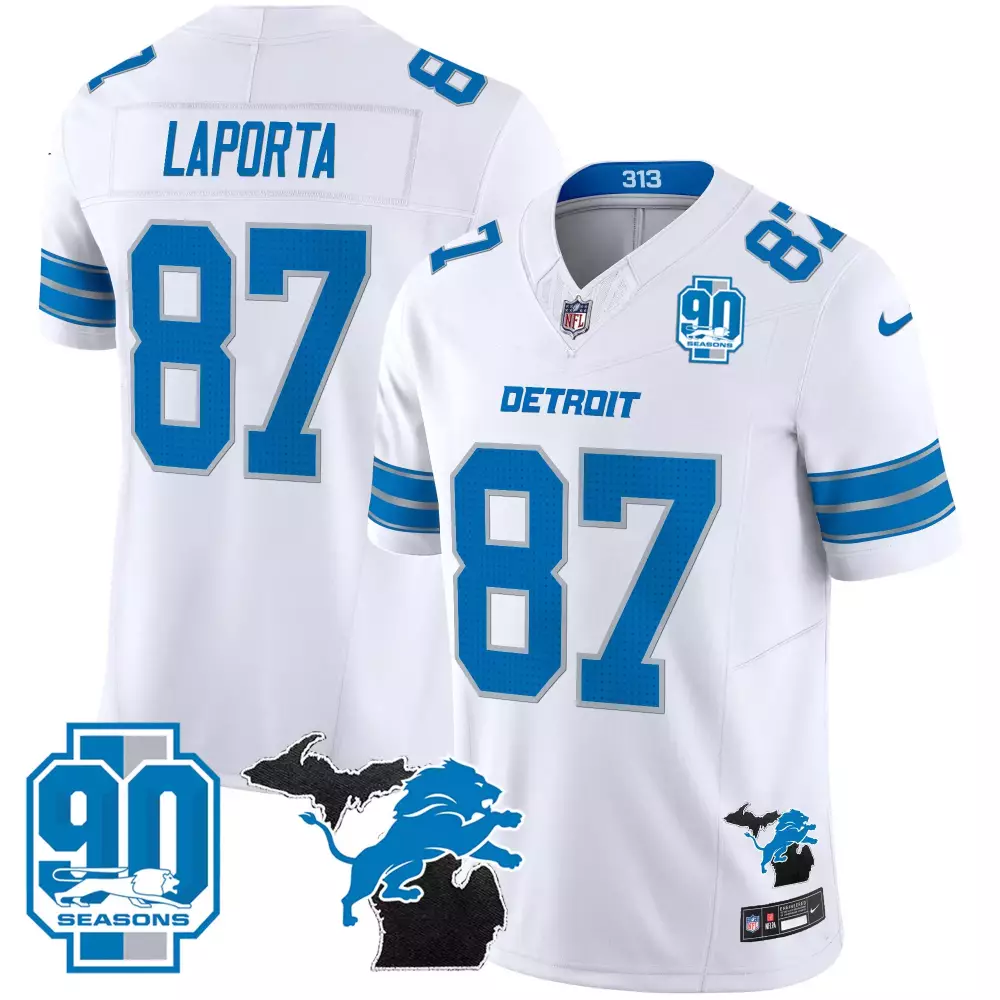 Sam Laporta 87 Detroit Lions Jersey White 90th Season Men Blue Silver Vapor All Stitched