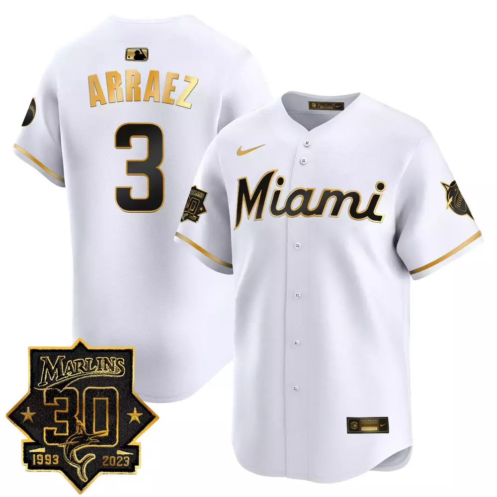 Luis Arraez 3 Miami Marlins Jersey White 30th Anniversary Men Black Gold Vapor Premier