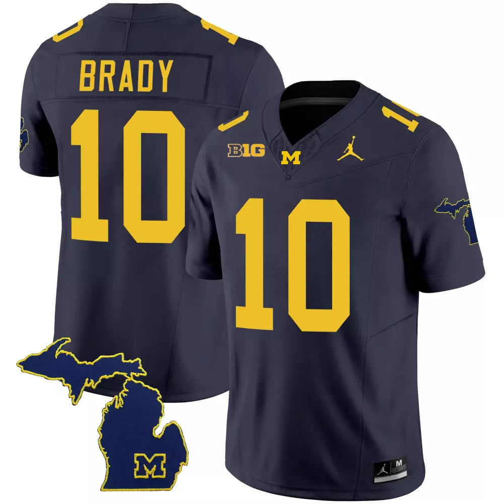 Tom Brady 10 Michigan Wolverines Jersey Navy Blue Men Authentic Yellow v2 All Stitched
