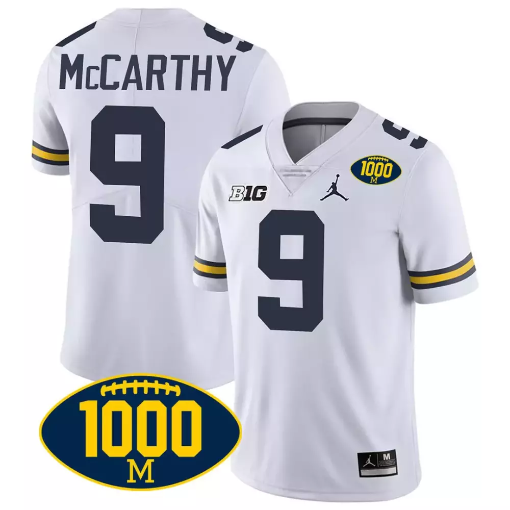 Jj Mccarthy 9 Michigan Jersey White 1000 M Big Ten Men Navy Yellow All Stitched