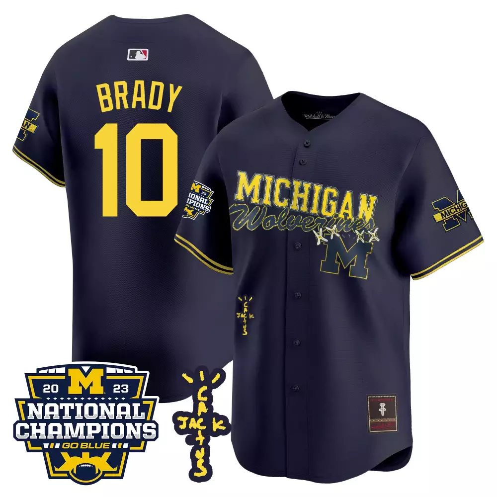 Tom Brady 10 Michigan Wolverines Jersey Navy Blue Cactus Jack 2023 National Champions
