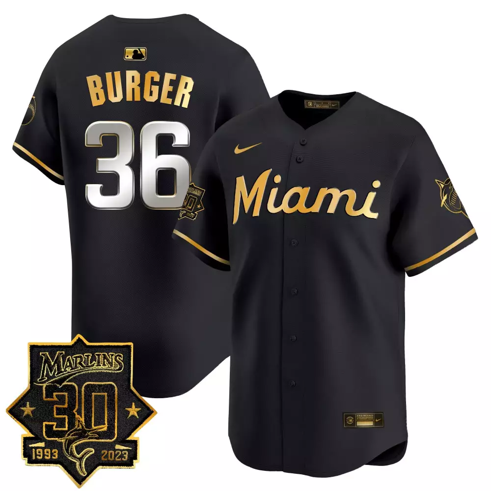 Jake Burger 36 Marlins Jersey Black 30th Anniversary 1993-2023 Men Gold Vapor