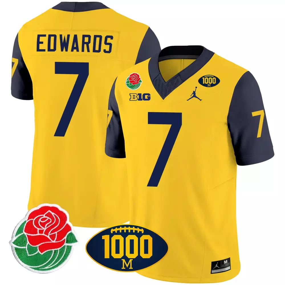 Donovan Edwards 7 Jersey Yellow Rose Bowl Game 2023 Michigan Wolverines Men Navy Blue