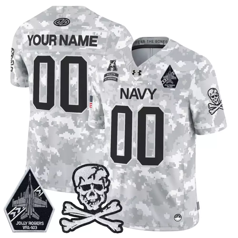 Custom Navy Jersey White Salute To Service Jolly Rogers VFA-103 Skull Crossbones
