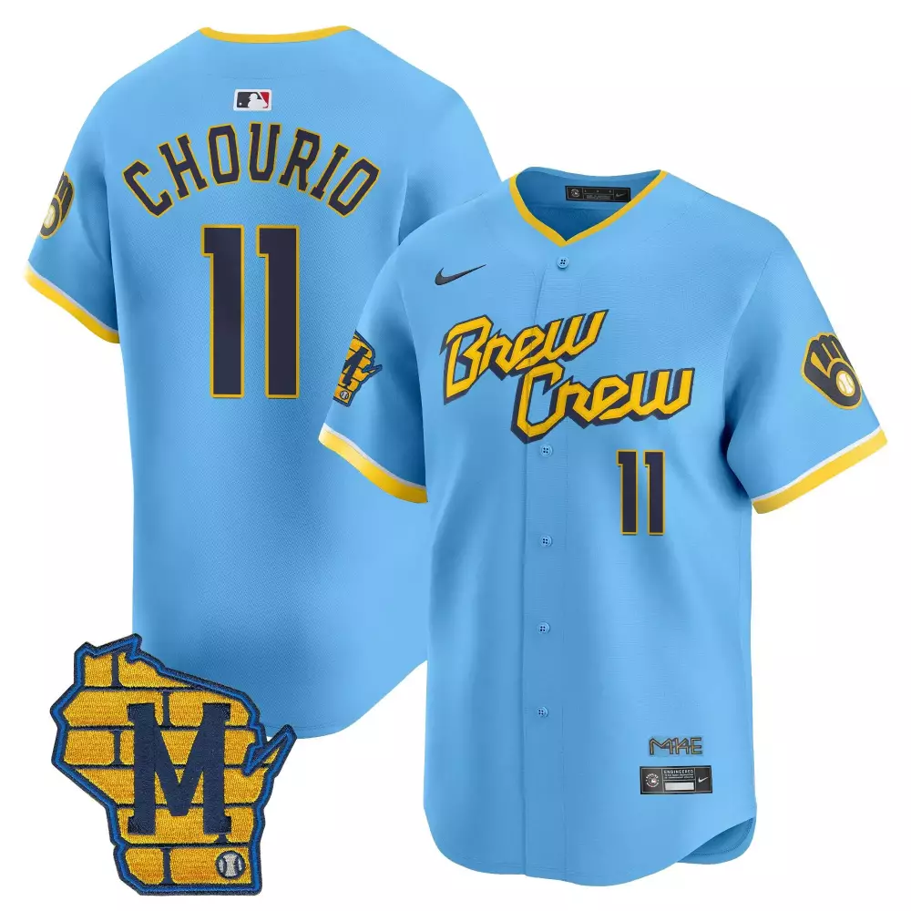 Jackson Chourio 11 Jersey Light Blue Brew Crew Milwaukee Brewers Wisconsin State Outline 'm'