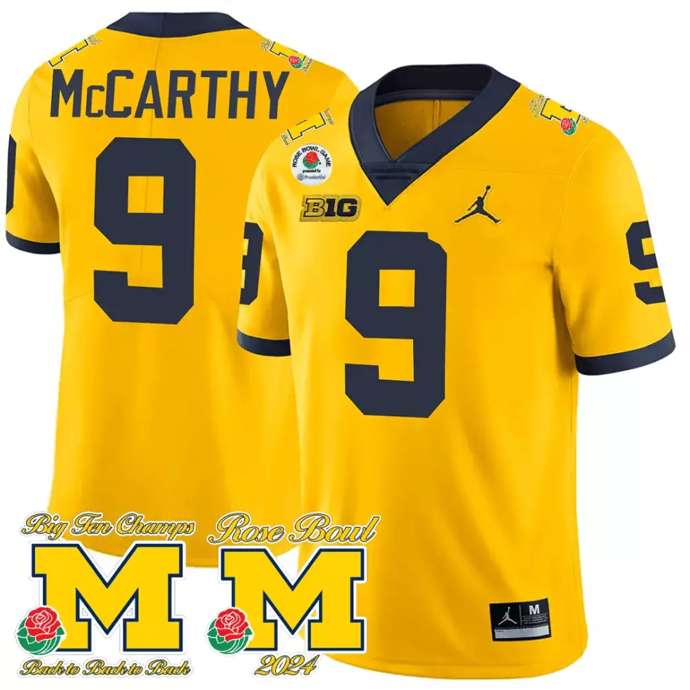 J Mccarthy 9 Michigan Wolverines Jersey Maize 2024 Rose Bowl Champions Big Ten Champs To