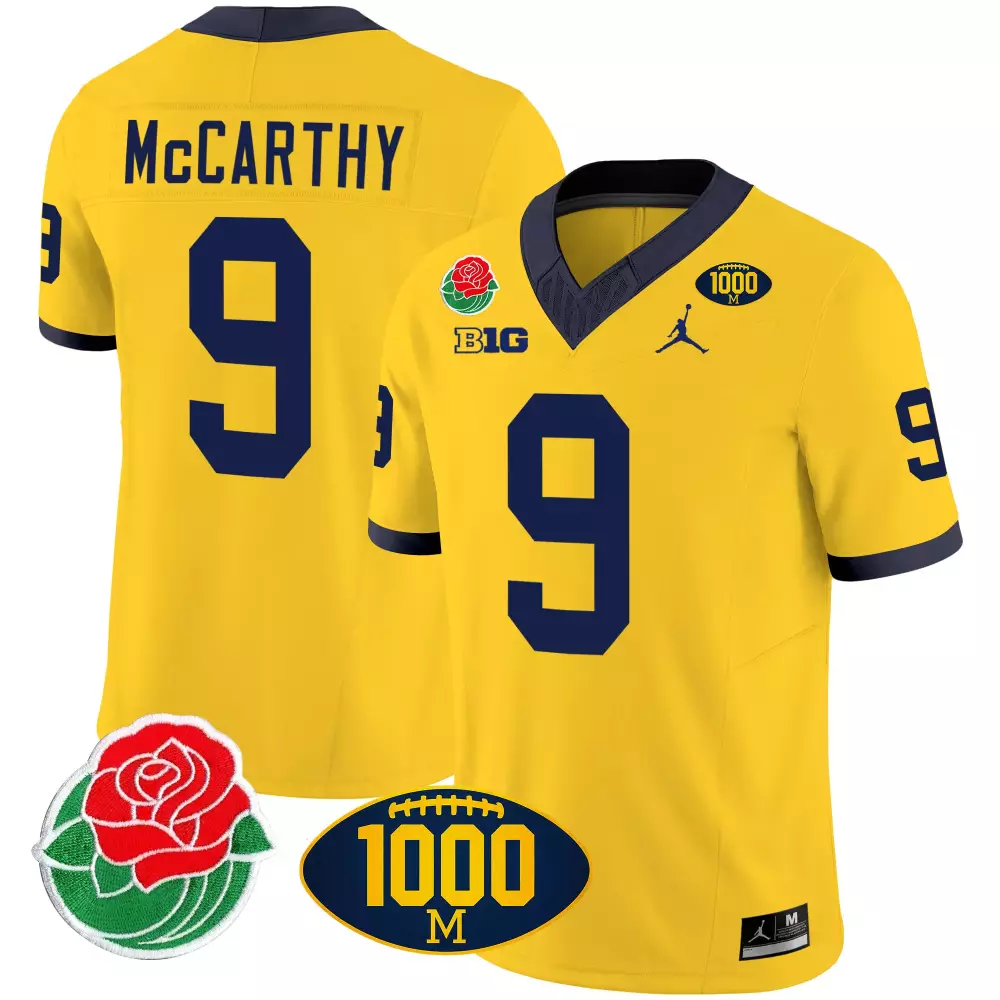 Jj Mccarthy 9 Michigan Wolverines Jersey Yellow Rose Bowl 1000M Men Navy Blue Vapor