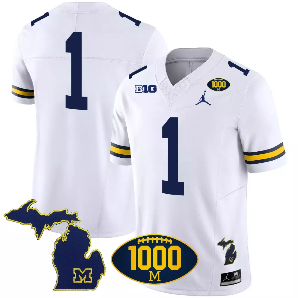 Michigan Wolverines 1 Jersey White 1000th Win Big Jumpman Men Navy Blue Yellow Vapor