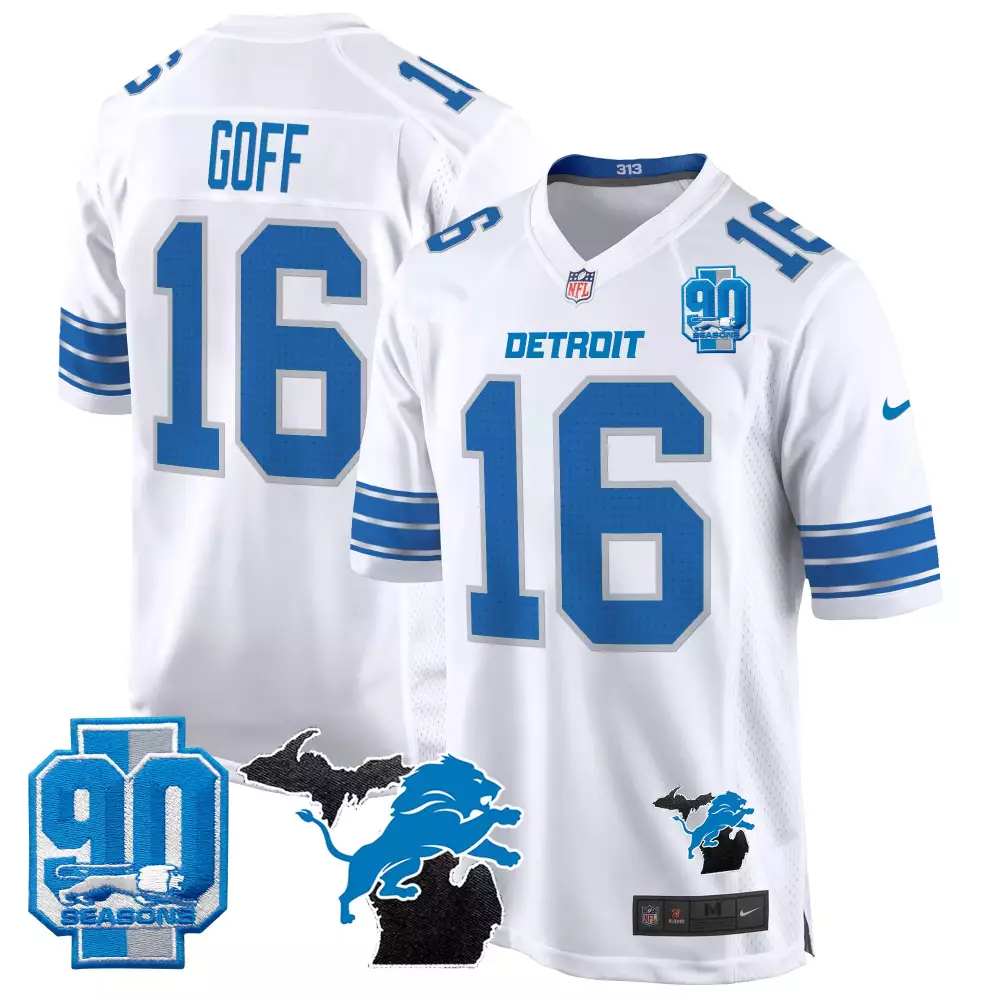 Jared Goff 16 Detroit Lions Jersey White 90 Seasons Michigan Outline Lion Men Standard