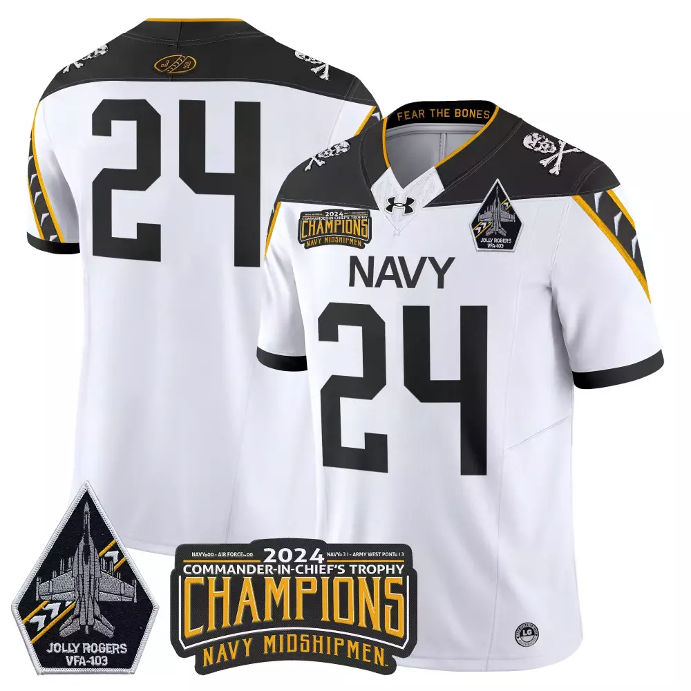 Custom Navy Midshipmen 24 Jersey White Fear The Bones 2024 Commander-in-chief's Trophy Jolly Rogers VFA-103