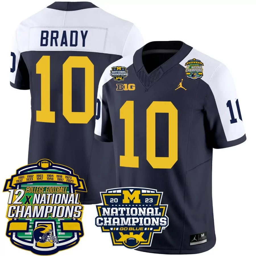 Tom Brady 10 Michigan Wolverines Jersey Navy Blue National Champions 2023 12x Men