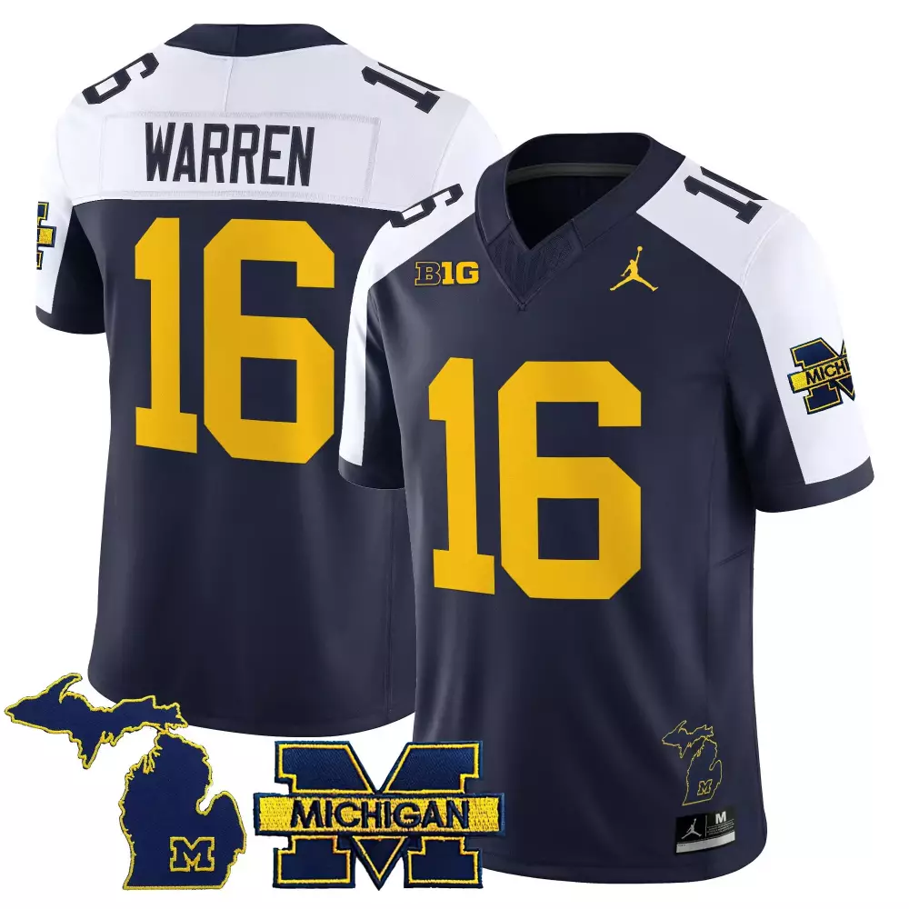 Warren 16 Michigan Wolverines Jersey Navy Blue Gothic Sin City State Outline Men