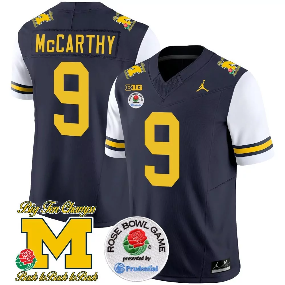 J Mccarthy 9 Michigan Wolverines Jersey Navy Rose Bowl Game 2023 Big Ten Champs Men