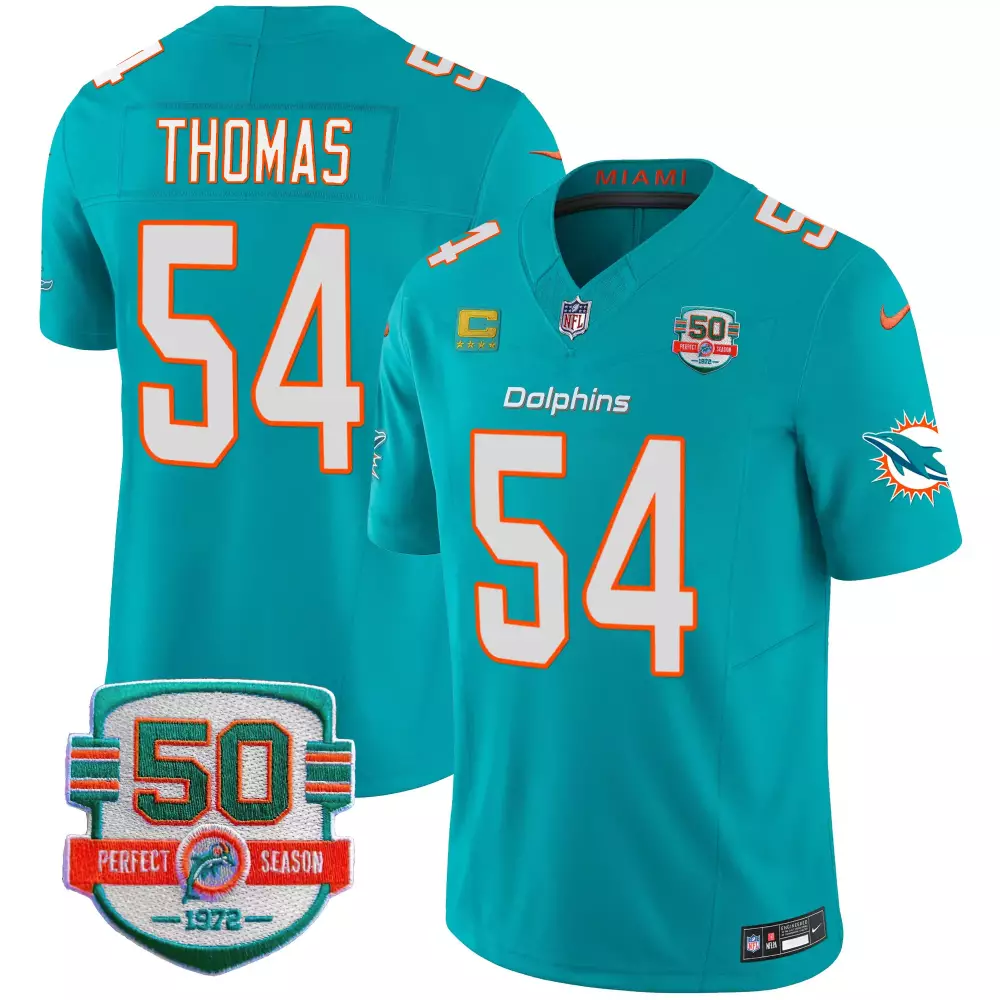 Zach Thomas 54 Dolphins Jersey Teal 50th Perfect Season 1972 Men NFL Orange White