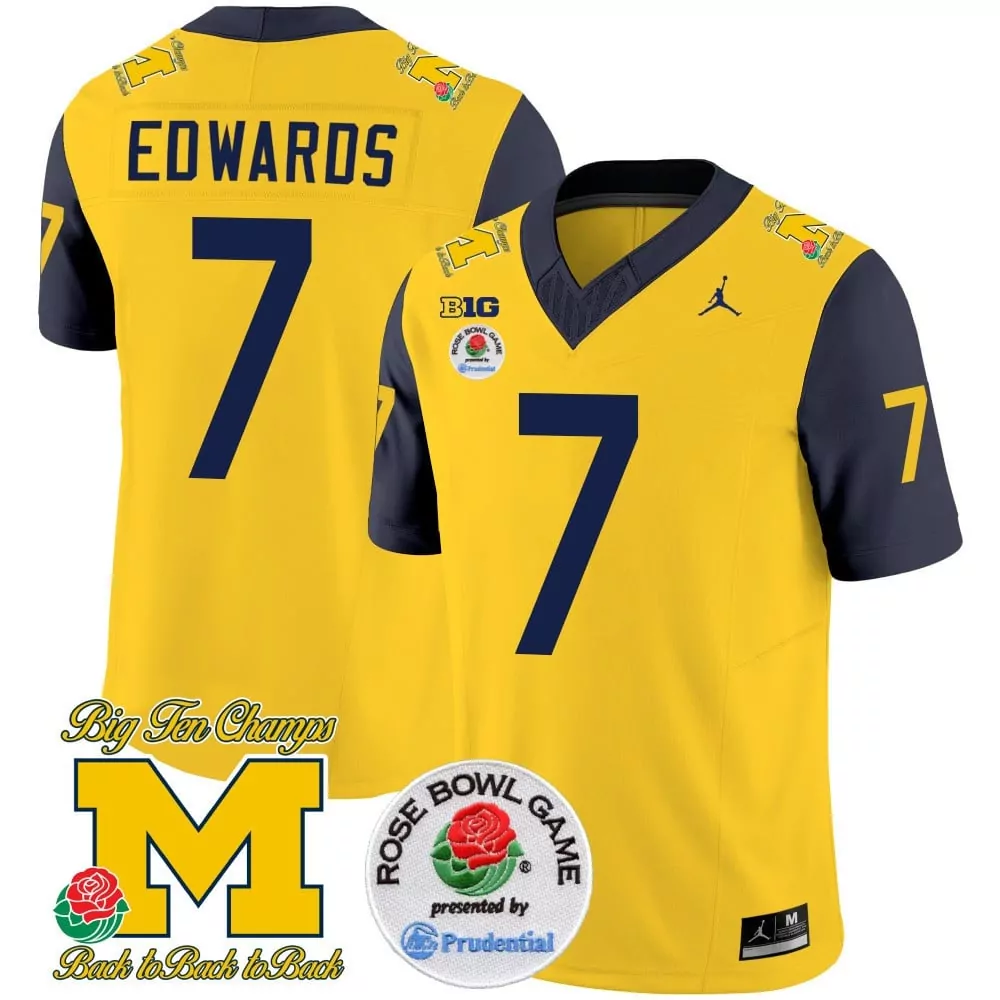 Donovan Edwards 7 Jersey Yellow Rose Bowl Michigan Wolverines Game Big Ten 2023 Men