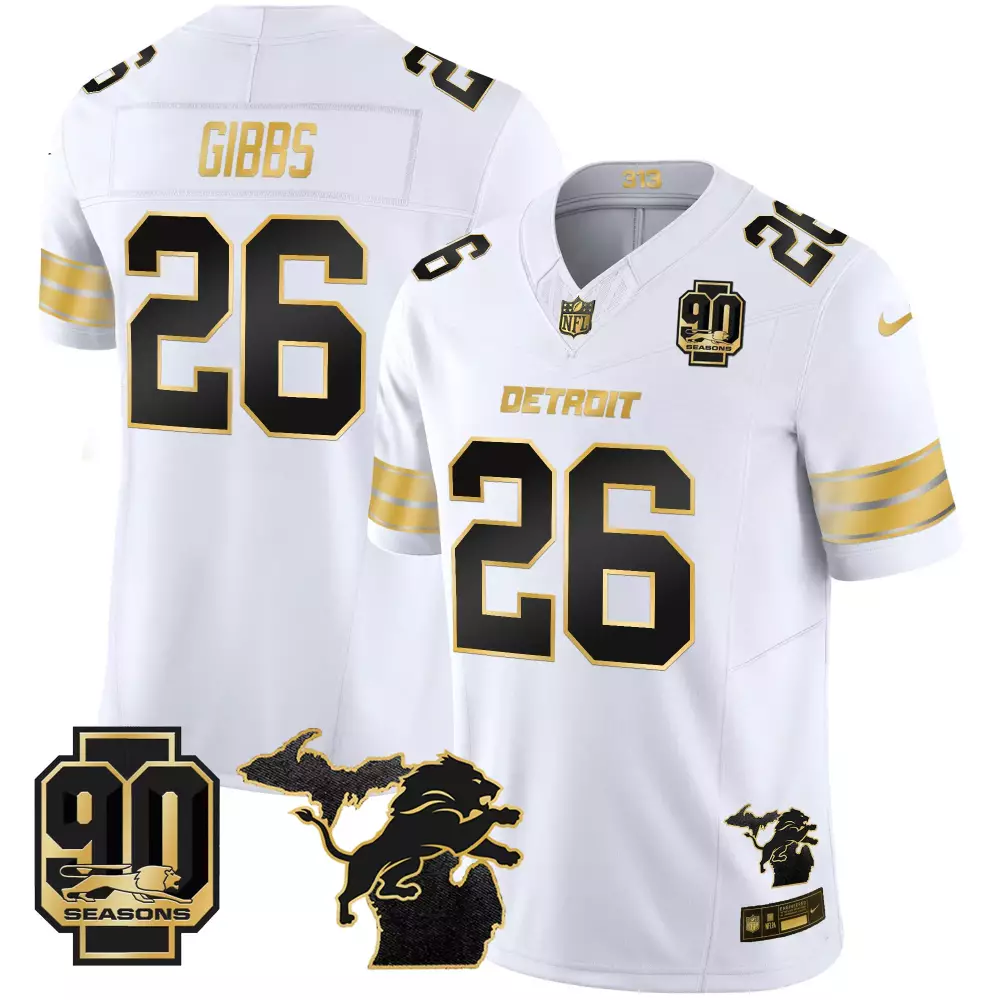 Jahmyr Gibbs 26 Detroit Lions Jersey White 90th Season 90 Seasons Men Alternate Black