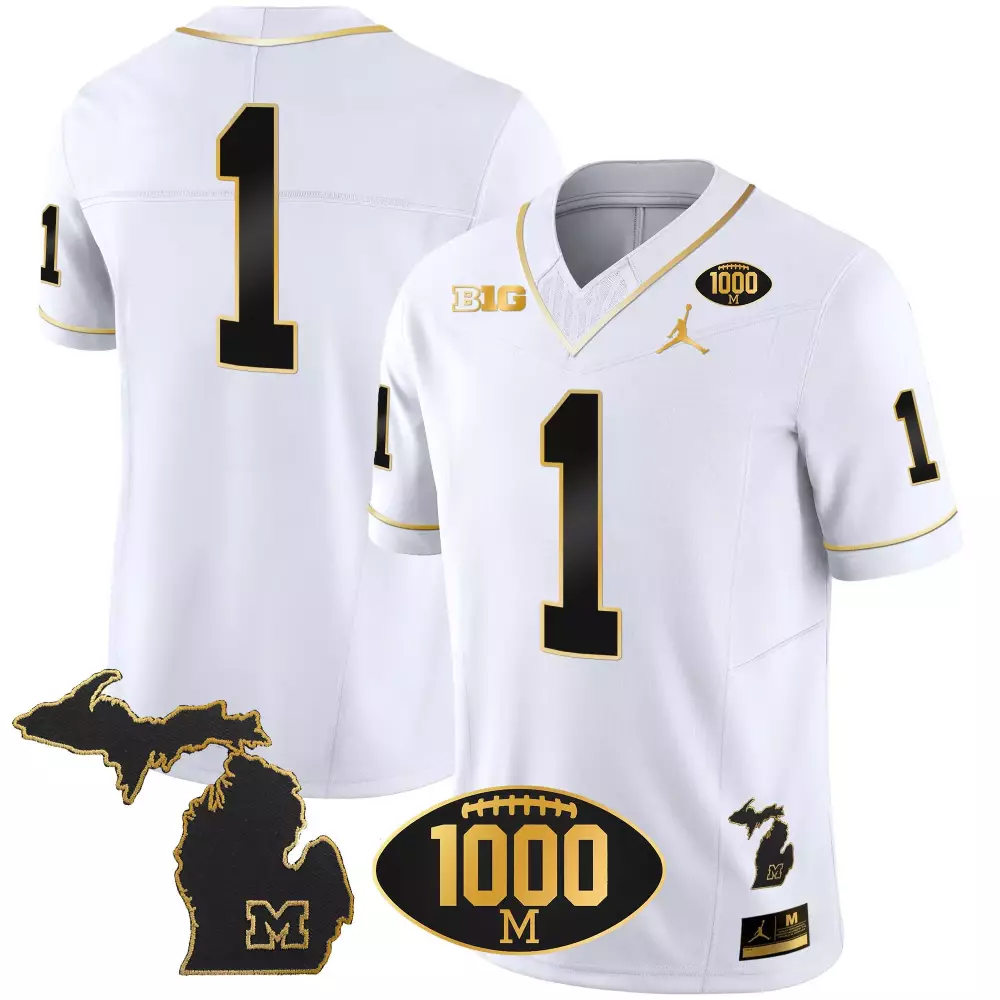 Custom Michigan Wolverines 1 Jersey White 1000th Win Big Ten Men Black Gold v2 All