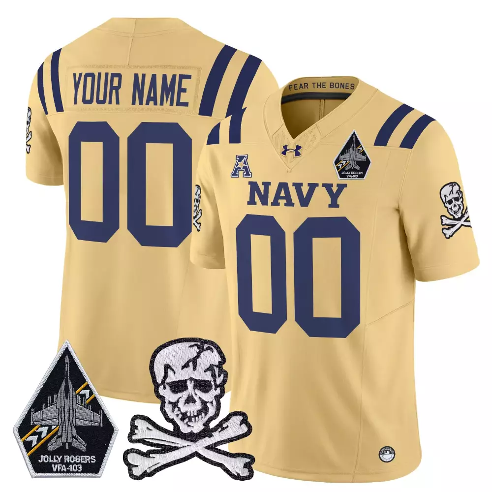 Custom Navy Jersey Gold Jolly Rogers VFA-103 Skull Crossbones Men Authentic Blue