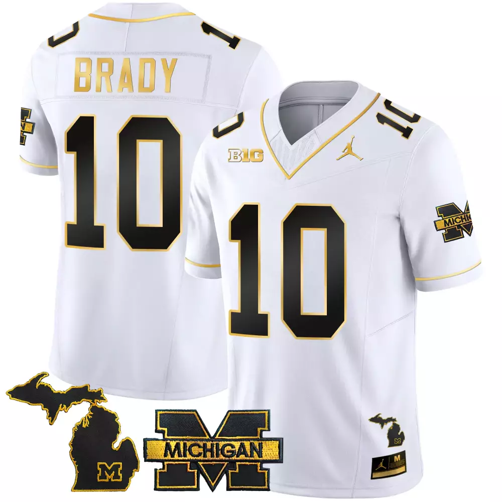 Tom Brady 10 Michigan Wolverines Jersey White Jumpman Big Ten Outline Men Gold Black