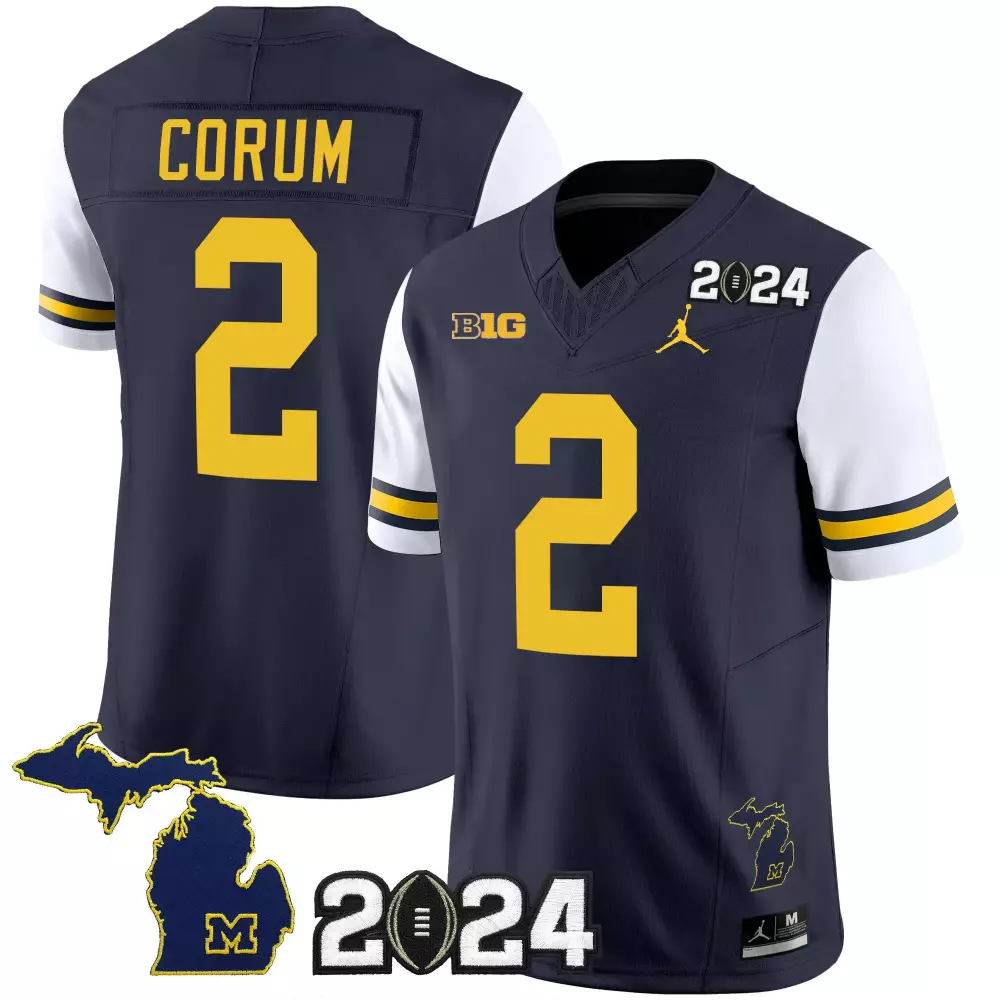 Blake Corum 2 Michigan Wolverines Jersey Navy Blue 2024 Big State Outline Men Yellow