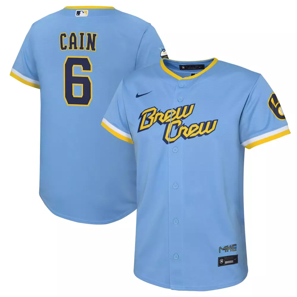 Lorenzo Cain 6 Milwaukee Brewers Jersey Light Blue Brew Crew Men Authentic Yellow
