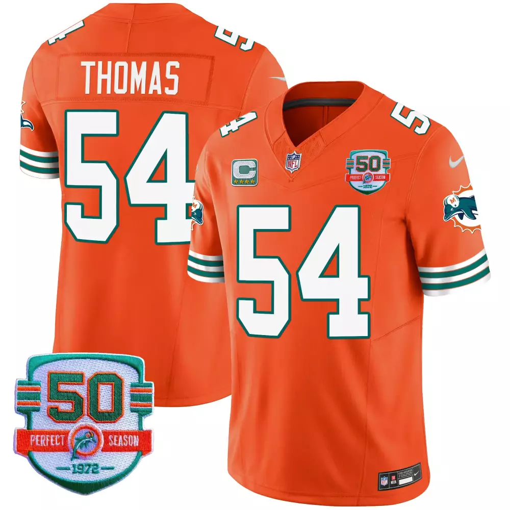 Zach Thomas 54 Miami Dolphins Jersey Orange Perfect Season 50th 1972 Men Player White