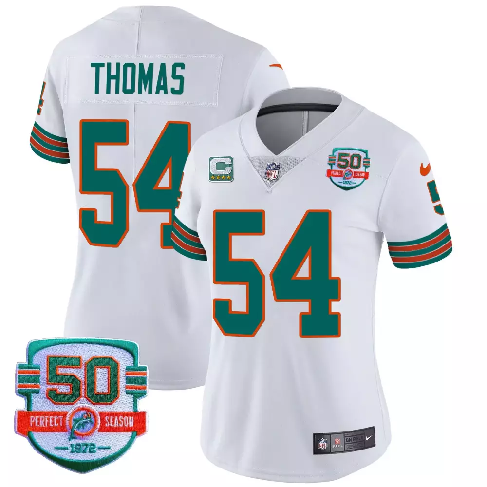 Zach Thomas 54 Miami Dolphins Jersey White 50th Perfect Season 1972 Women Player