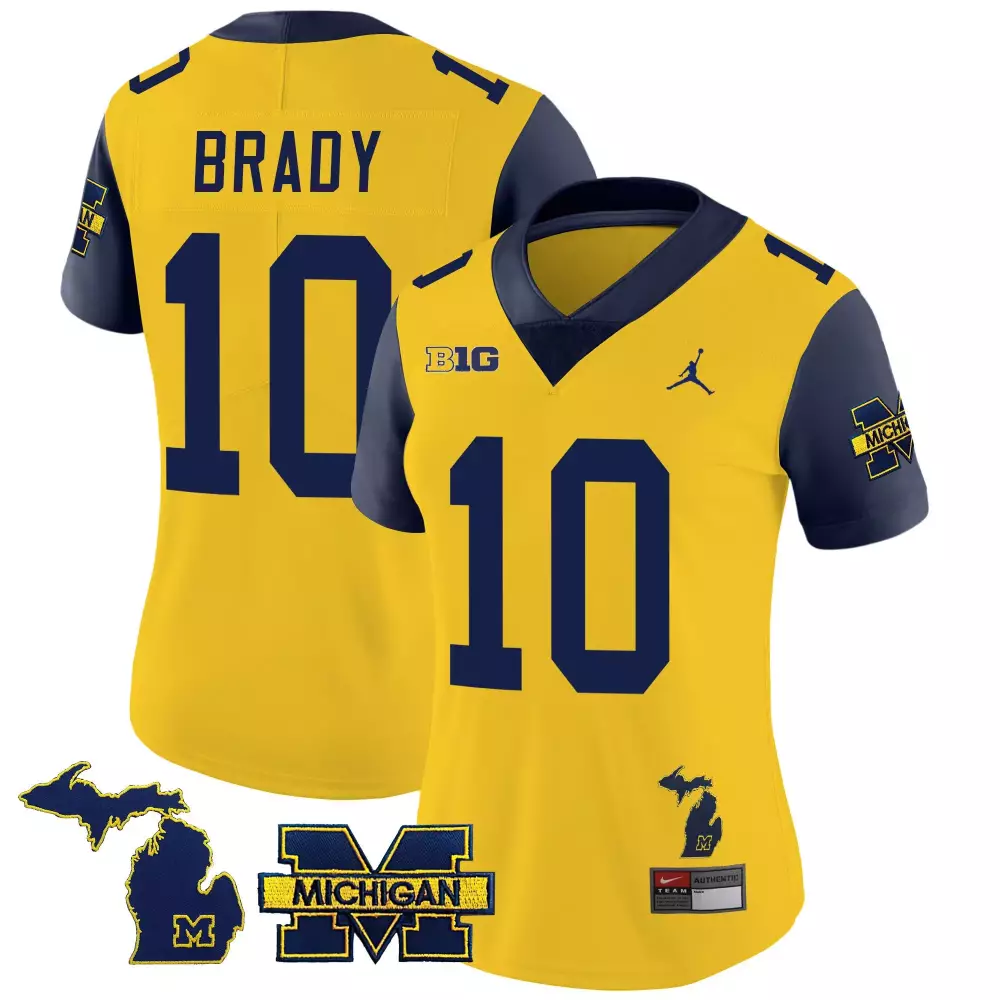 Tom Brady 10 Michigan Wolverines Jersey Yellow Women Authentic Navy Blue v3 All Stitched