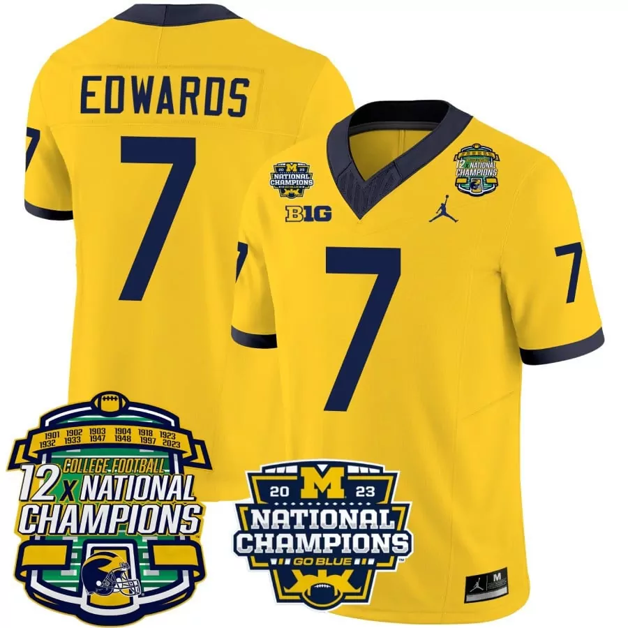 Donovan Edwards 7 Jersey Yellow National Champions Michigan Wolverines 2023 12x Men