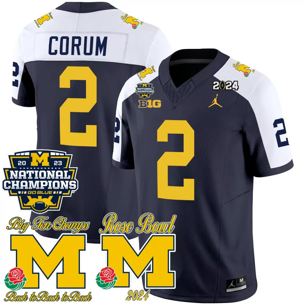 Blake Corum 2 Michigan Wolverines Jersey Navy Blue National Championship 2023 Champions Big Ten