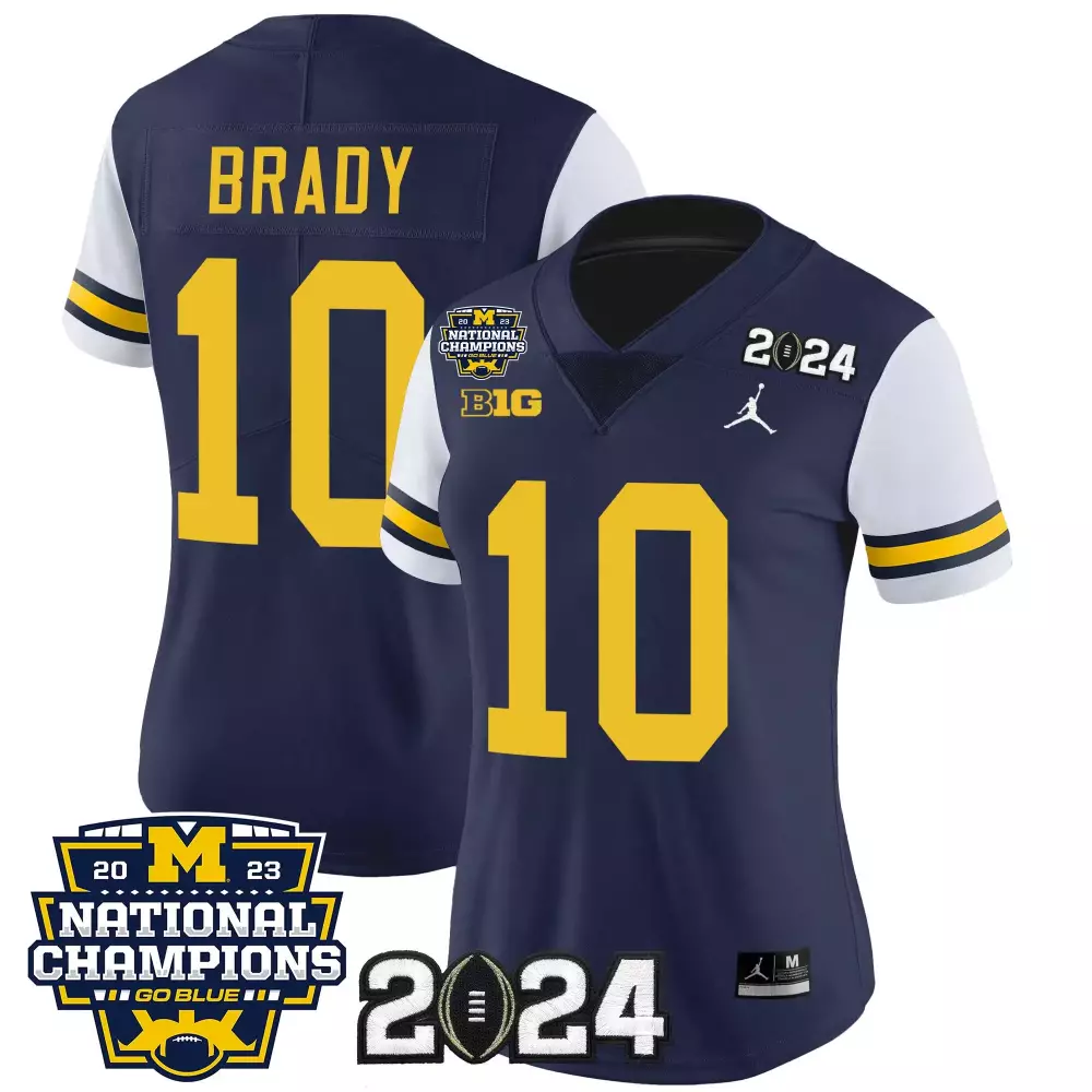 Tom Brady 10 Michigan Wolverines Jersey Navy Blue 2023 National Champions 2024 Women