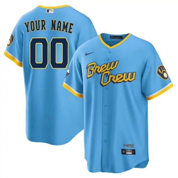 Custom Milwaukee Brewers Jersey Light Blue Men Replica Yellow Navy Cool Base All