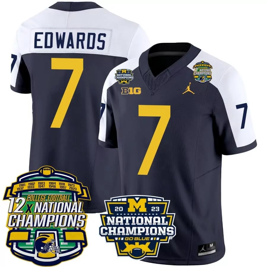 Donovan Edwards 7 Jersey Navy Blue 2023 National Champions Michigan Wolverines Championship 12x