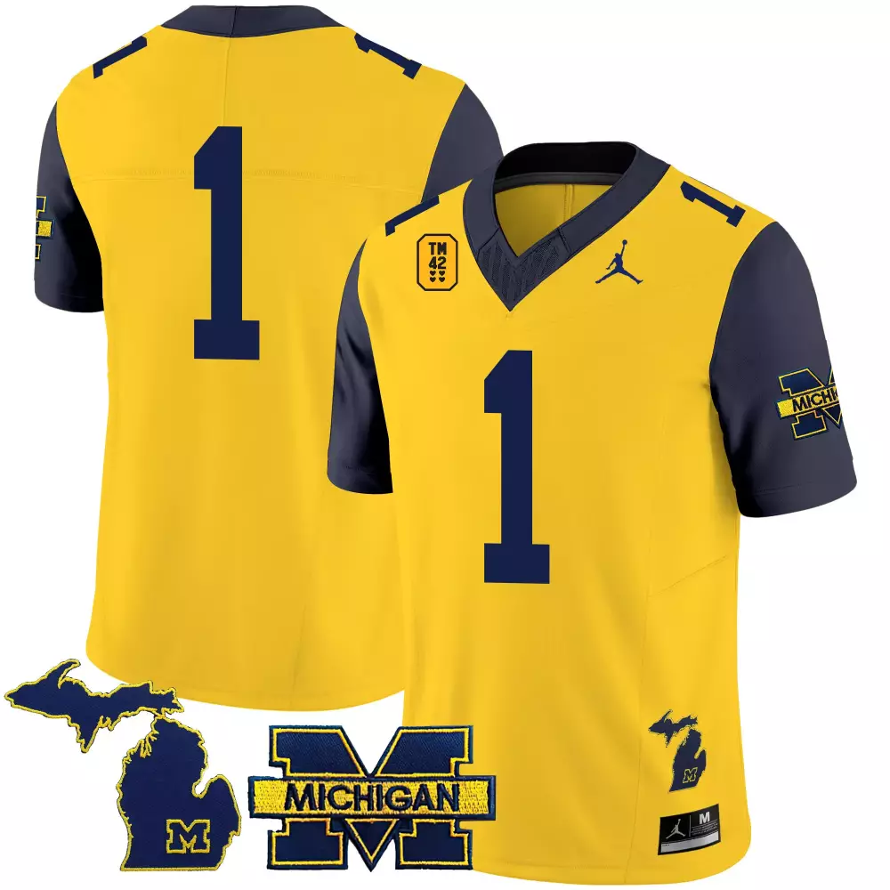 Sleeves 1 Michigan Wolverines Jersey Yellow Men Navy Blue Vapor Limited All Stitched