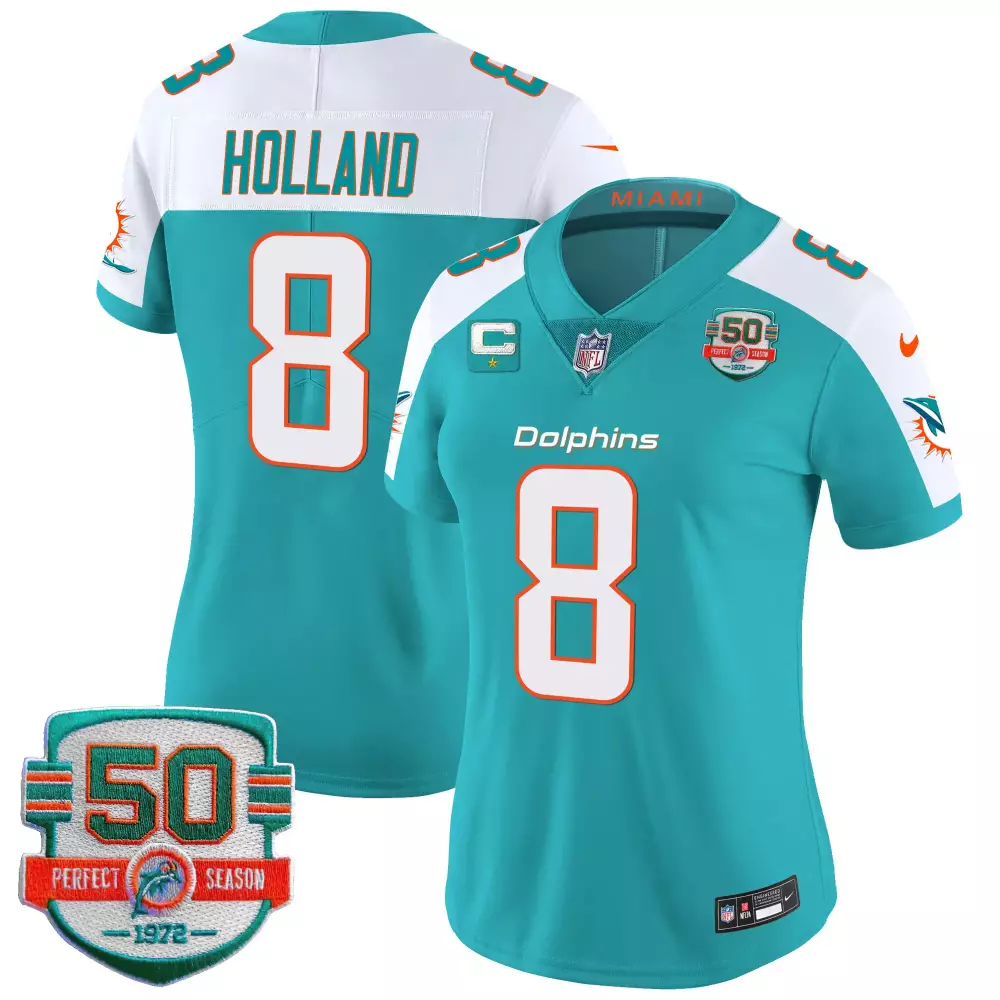 Jevon Holland 8 Dolphins Jersey Teal 50 Perfect Season 1972 Women Replica White Orange