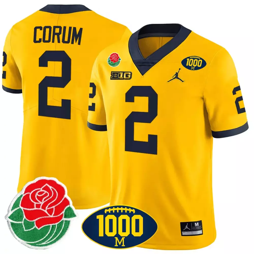Blake Corum 2 Michigan Wolverines Jersey Yellow 1000th Win Rose Bowl Big Ten Men