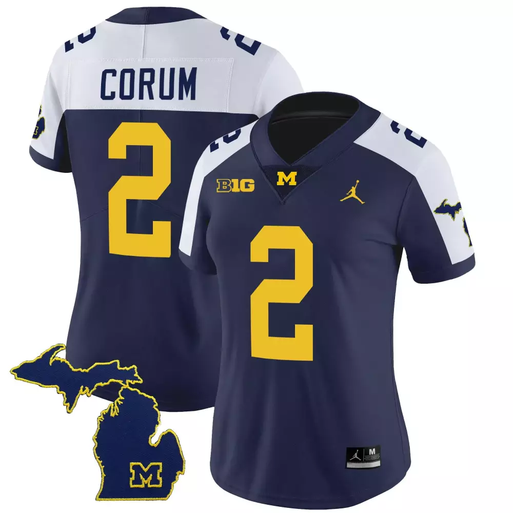 Blake Corum 2 Michigan Wolverines Jersey Navy Blue Jordan Brand State Outline Men