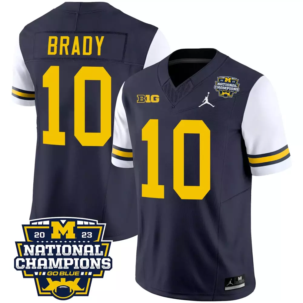Tom Brady 10 Michigan Wolverines Jersey Navy Blue National Champions 2023 Men Authentic