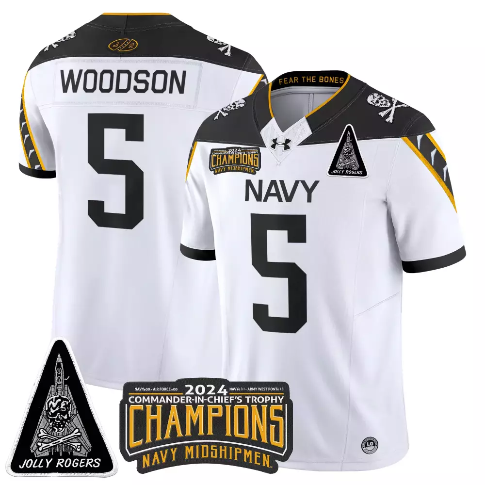 Woodson Midshipmen 5 Jersey White Jolly Rogers Navy 2024 Commander-in-chief's Trophy