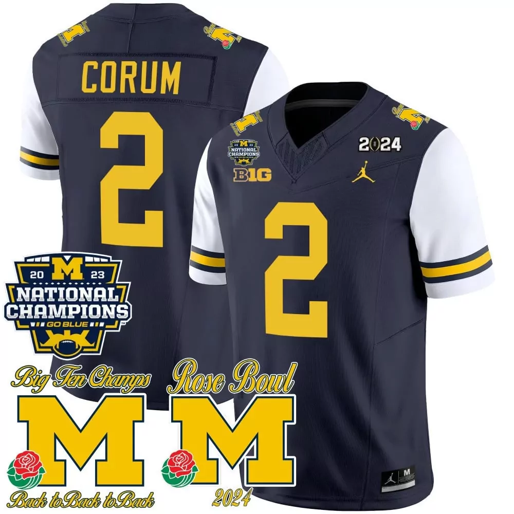 Blake Corum 2 Michigan Wolverines Jersey Navy Blue Rose Bowl 2024 2023 National Champions Big Ten