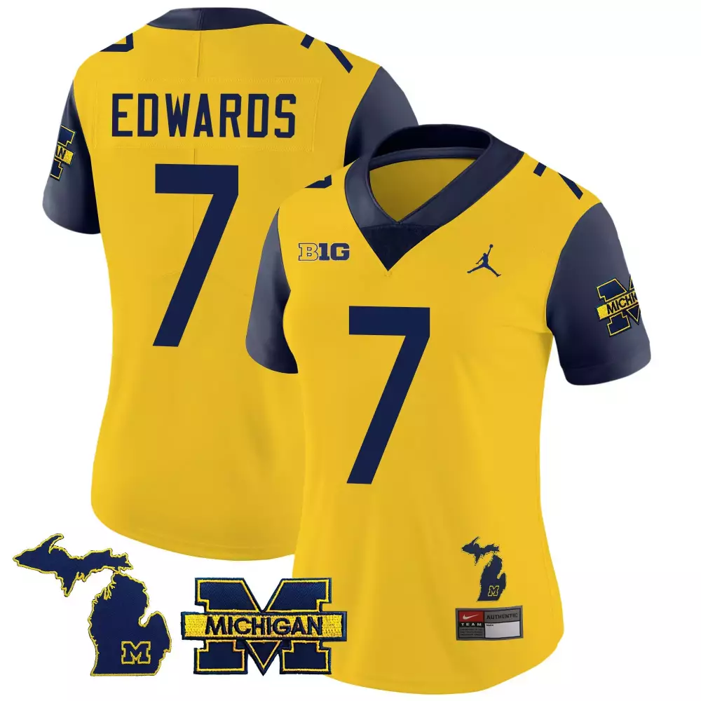 Donovan Edwards 7 Jersey Yellow Michigan Map Wolverines Big Ten 2022 Men Navy Blue