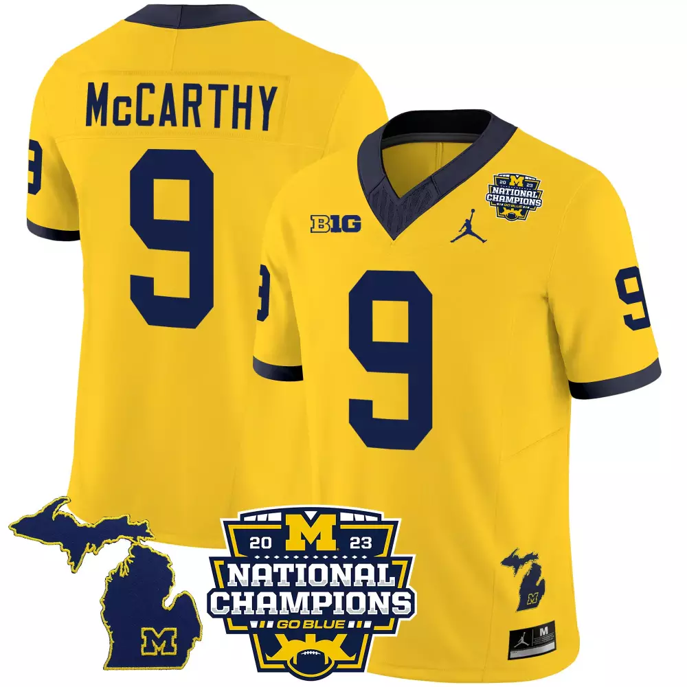 Jj Mccarthy 9 Michigan Wolverines Jersey Yellow National Champions 2023 Men Navy Blue
