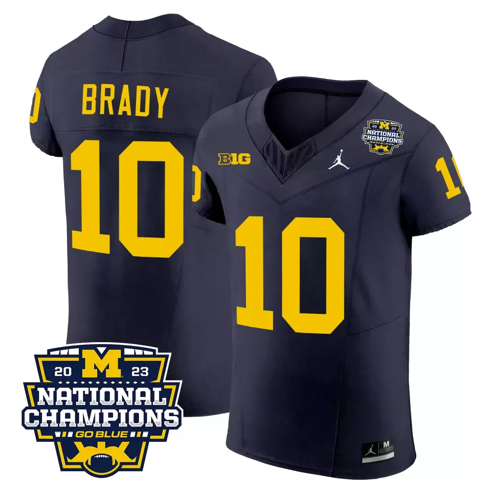 Tom Brady 10 Michigan Wolverines Jersey Navy Blue National Champions 2023 Men Authentic