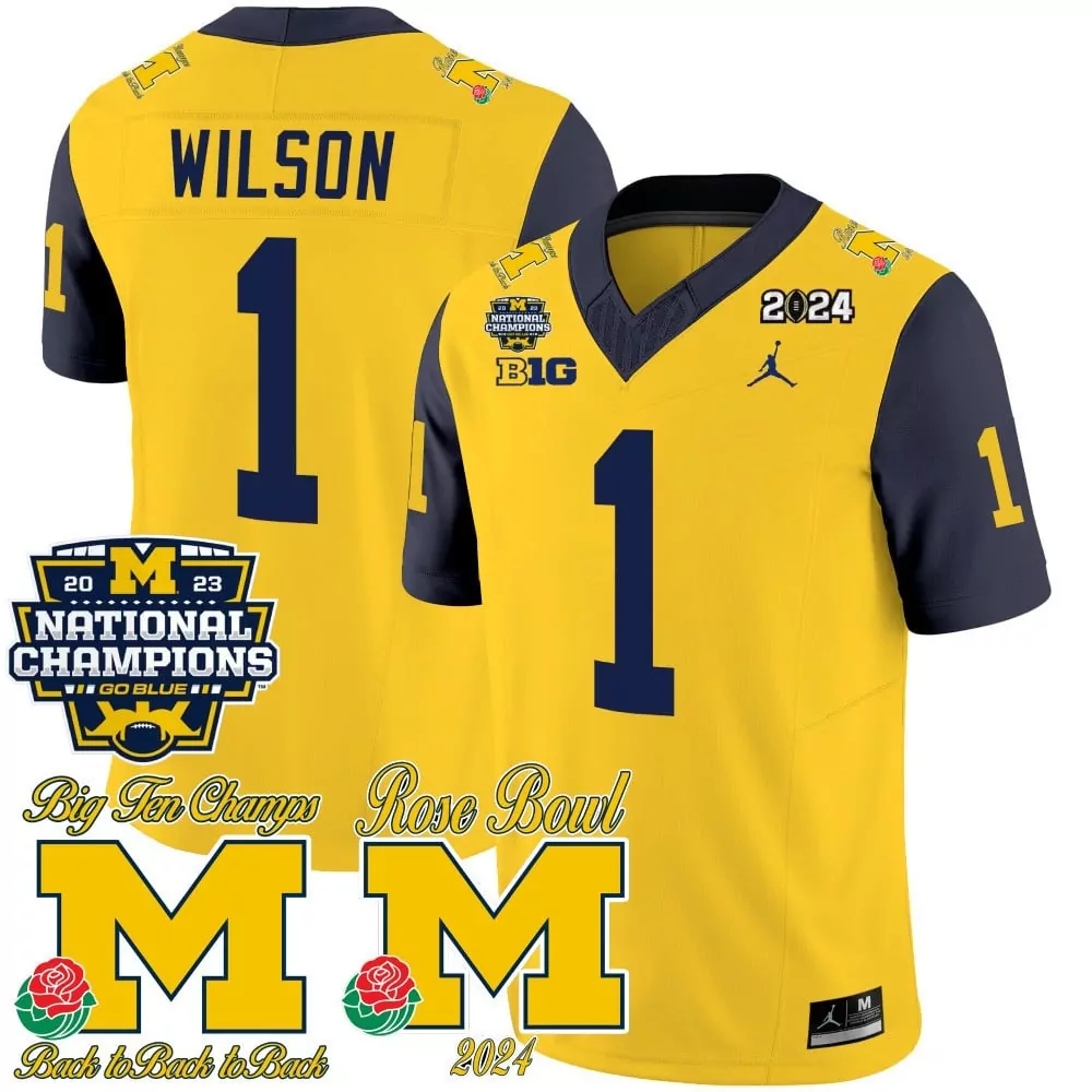 Roman Wilson 1 Jersey Yellow Back To Michigan Wolverines 2023 National Champions Big Ten 2024